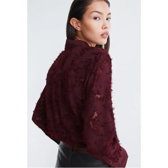 H&M Jacquard Weave Textured Burgundy Button-Up Blouse - Picture 2 of 12